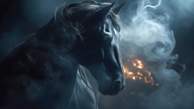 cabeça de cavalo artisticamente iluminada com fumaça e vapores em fundo preto Rede neural gerada