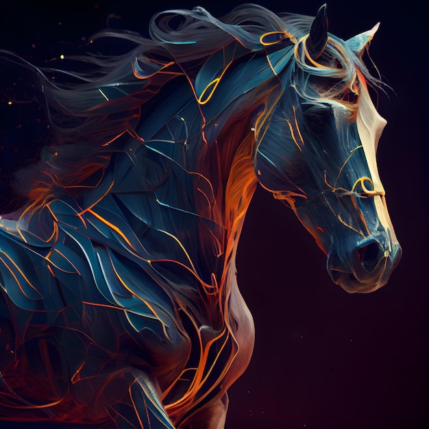 Cabeça de cavalo com linhas de fogo abstratas Arte da fantasia Pintura digital