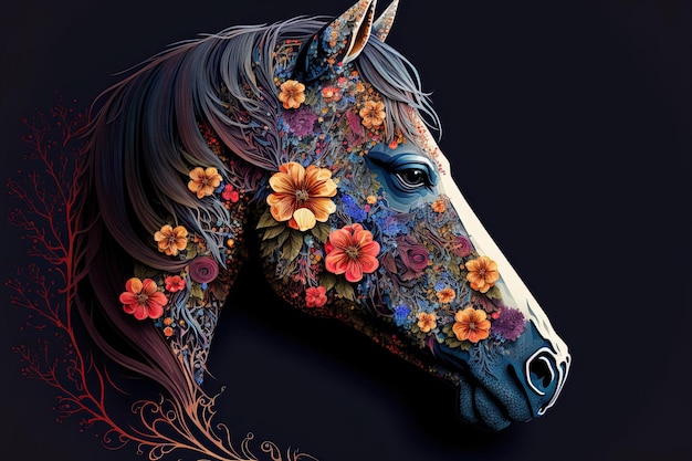 Cabeça de cavalo ornamentada com flores