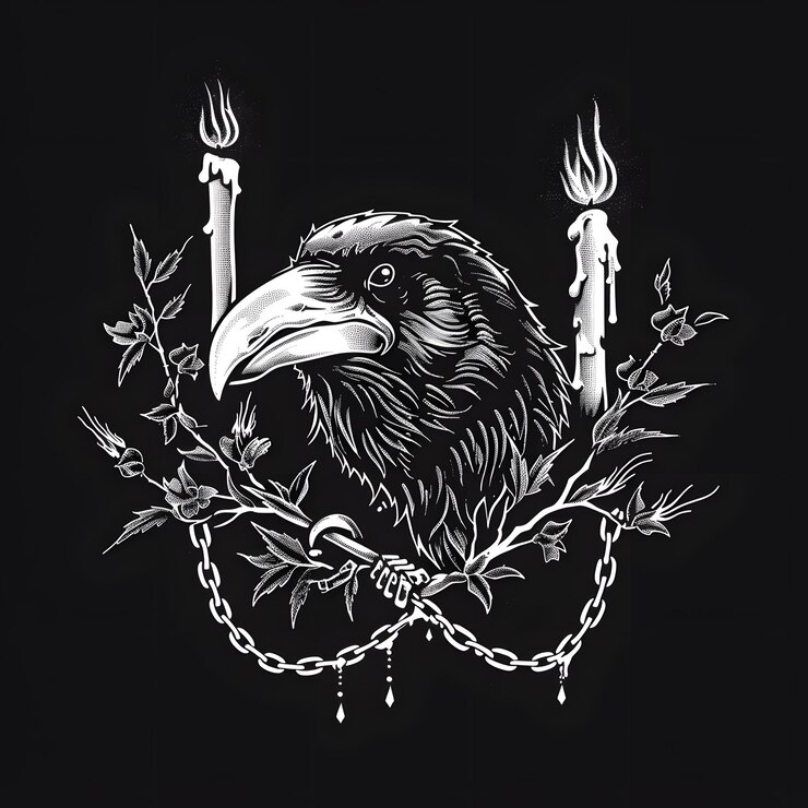 Foto cabeça de corvo cadeia de raiva e velas ilustração em preto e branco