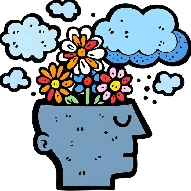 Foto cabeça de desenho animado com nuvens e flores