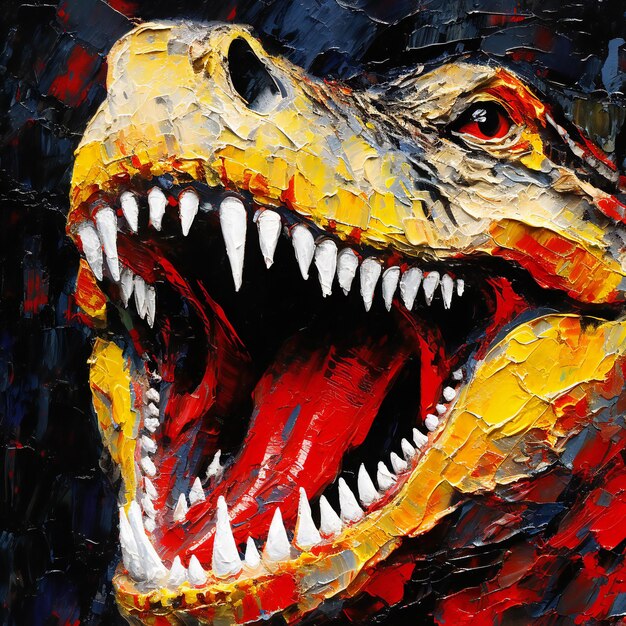 Foto cabeça de dinossauro com dentes em fundo preto pintura digital