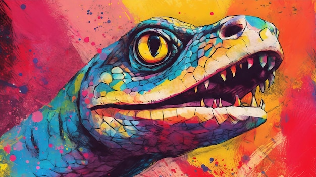 Cabeça de dinossauro pintada de cores Uma ilusão óptica hiperrealista