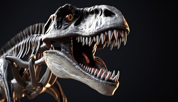 Cabeça de dinossauro sorrindo furiosamente em fundo preto