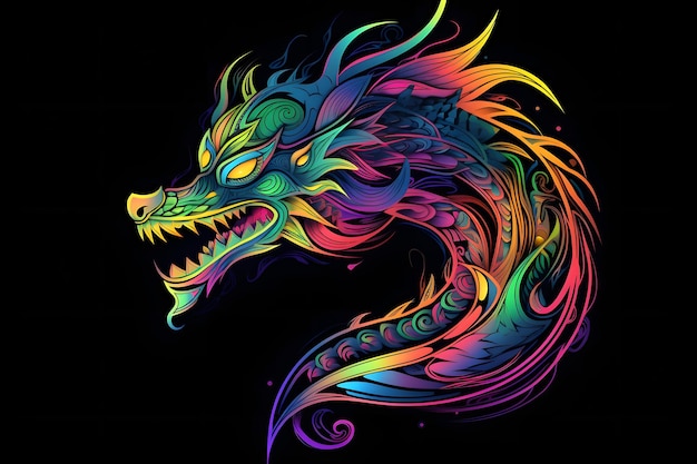 Cabeça de dragão colorida em fundo preto com redemoinhos e redemoinhos Generative AI