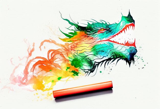Cabeça de dragão desenhada no perfil de papel branco multicolorido