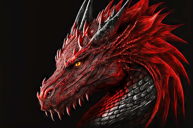Cabeça de dragões vermelhos míticos com presas afiadas e perigosas