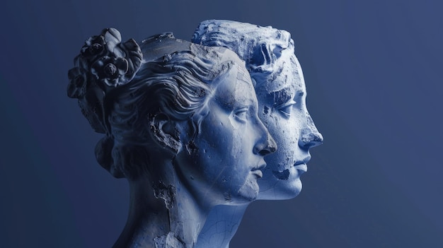 Cabeça de estátua de gesso e mulher em perfil sobre fundo azul