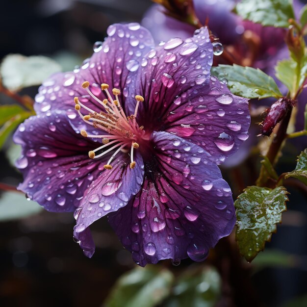 Cabeça de flor roxa vibrante com gota de orvalho na pétala molhada