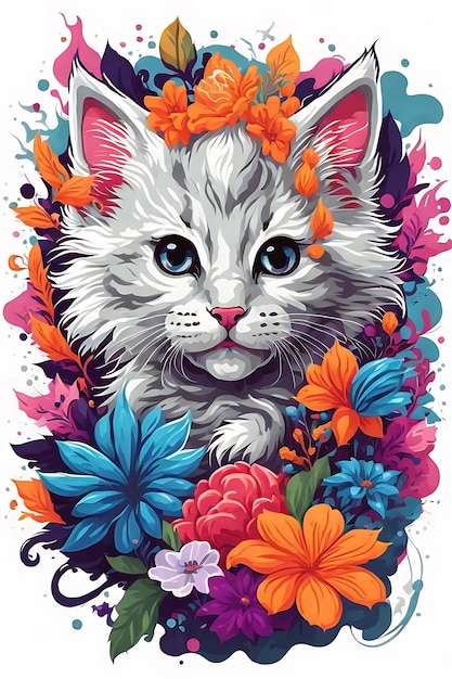 cabeça de gatinho bonito vivido flores de fantasia salpico aflato desenho adesivo vetor sem fundo