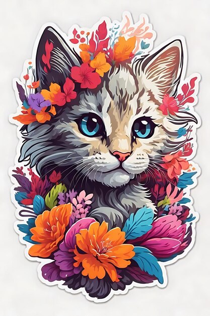 cabeça de gatinho bonito vivido flores de fantasia salpico aflato desenho adesivo vetor sem fundo