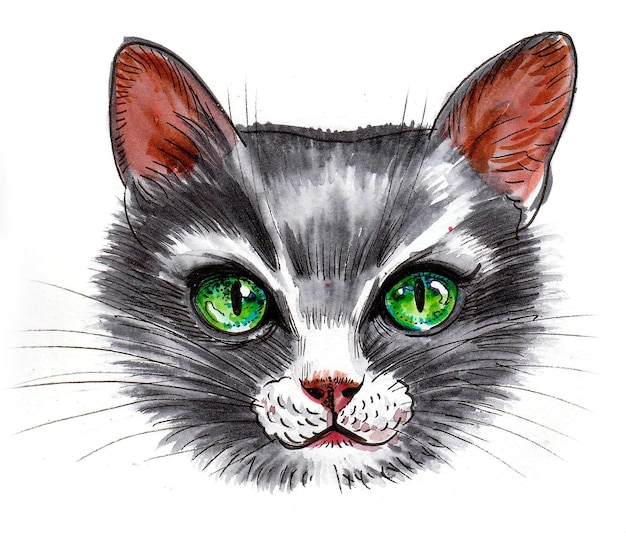 Cabeça de gato com olhos verdes. Desenho a tinta e aguarela