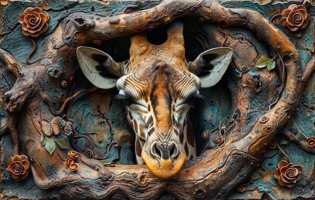Foto cabeça de girafa é vista em uma parede decorativa de metal