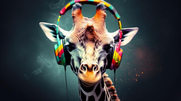 Foto cabeça de girafa em fones de ouvido girafa menos música ia generativa