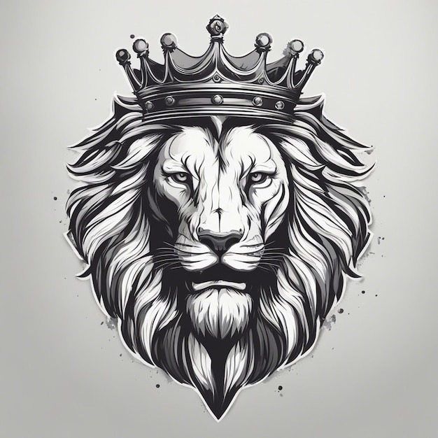 Foto cabeça de leão com coroa logotipo elegante e nobre selo adesivo preto e branco
