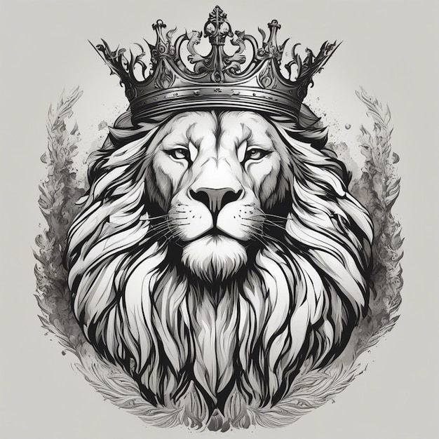 Cabeça de leão com coroa logotipo elegante e nobre selo adesivo preto e branco