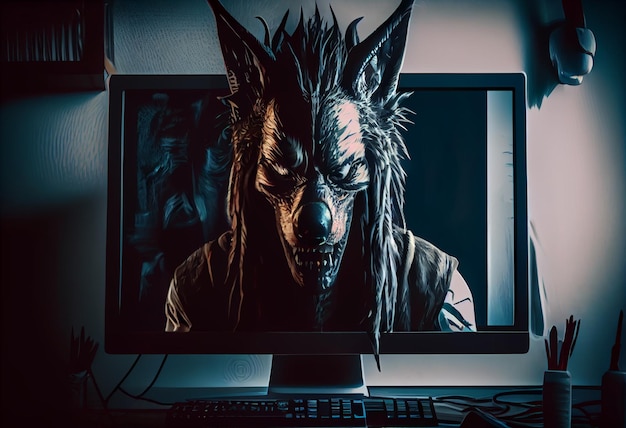 Cabeça de lobo atrás de uma tela de computador para simbolizar um predador Gerar Ai