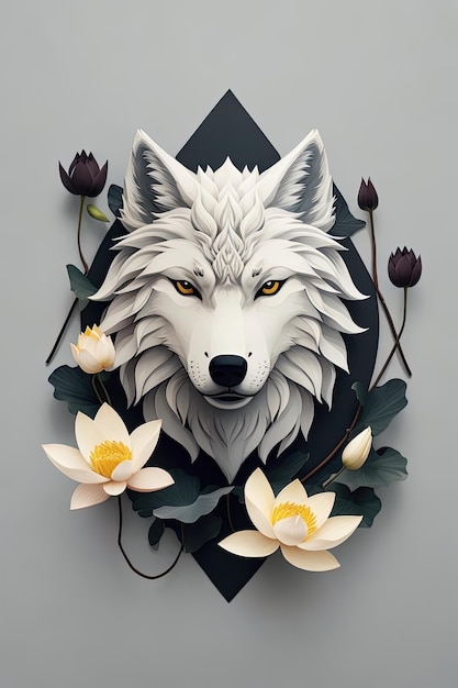 Cabeça de lobo branco com flores e folhas em ilustração vetorial de fundo cinza