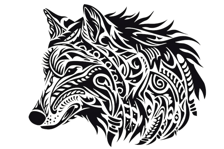 Foto cabeça de lobo em estilo tribal desenho de tatuagem ilustração vetorial