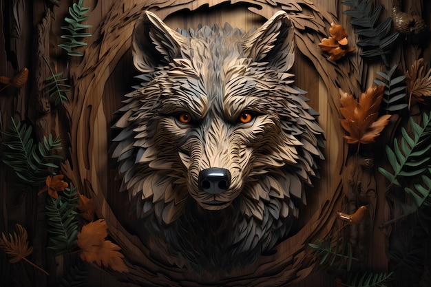 cabeça de lobo esculpida no fundo de madeira