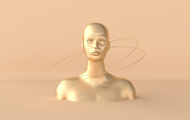 Foto cabeça de manequim dourado feminino 3d render. expositor de loja, cores pastel