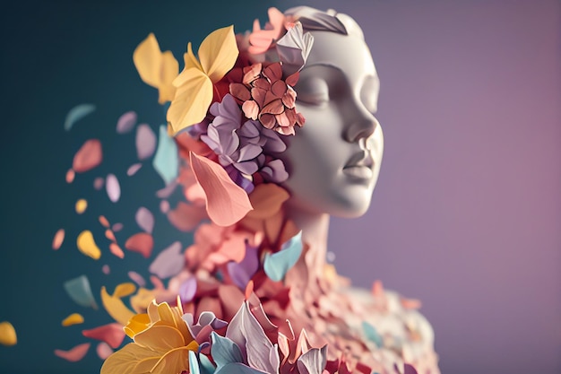 Cabeça de menina com composição dinâmica de flores. IA generativa.