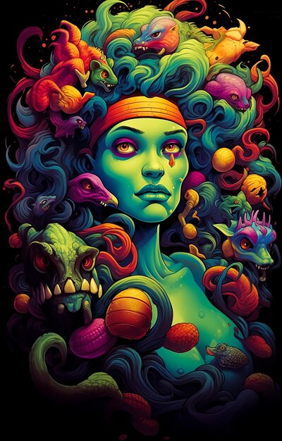 Cabeça de monstro de Medusa com cobras criatura do mito grego ilustração pop art retro estilo de quadrinhos