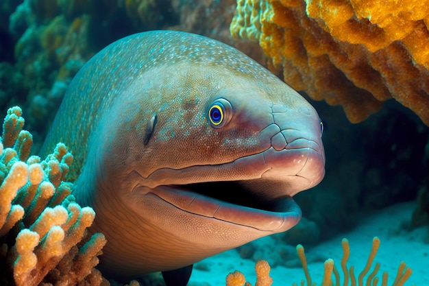 Cabeça de moreia espreitando para fora da toca subaquática no fundo do mar