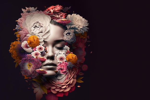 Cabeça de mulher adornada com arranjo floral em fundo preto Generative AI
