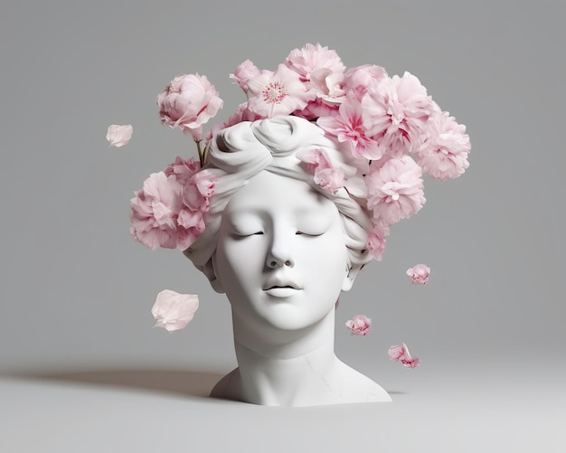 Cabeça de mulher de renderização 3d isolada mínima moda fundo escultura cabeça flores na cabeça cores pastel rosa