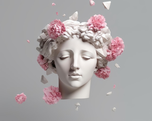 Cabeça de mulher de renderização 3D isolada mínima moda fundo escultura cabeça flores na cabeça cores pastel rosa