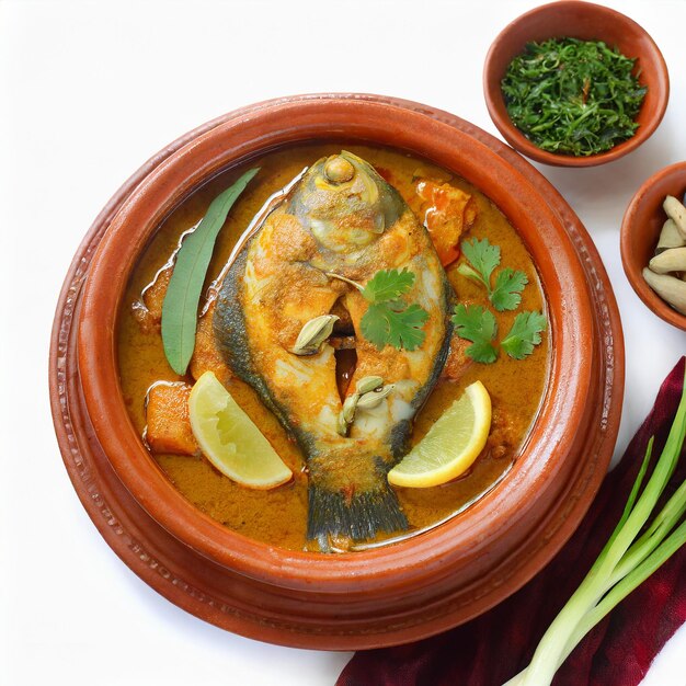 Foto cabeça de peixe curry culinária de cingapura em fundo branco