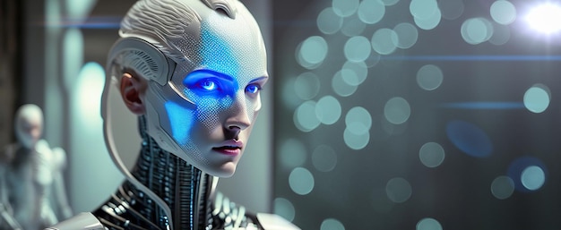 Cabeça de robô ciborgue antropomórfico, retrato de inteligência artificial, garota cibernética humanóide de inteligência artificial com rede neural pensa em tecnologia moderna de negócios futuros