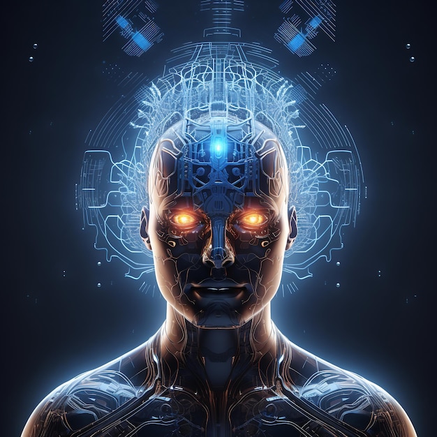Cabeça de robô humanóide com cérebro de circuito em fundo escuro renderização 3D