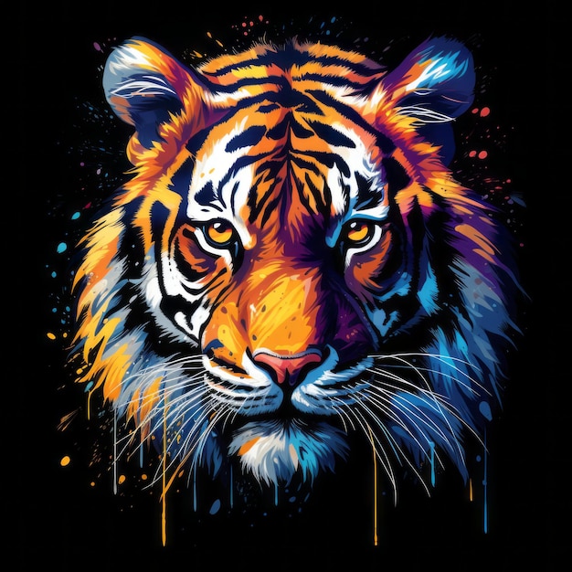 cabeça de tigre colorida em fundo preto