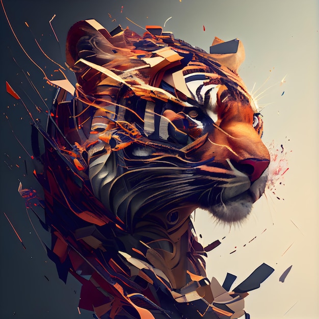 Cabeça de tigre com ilustração 3d de renderização 3d abstrata