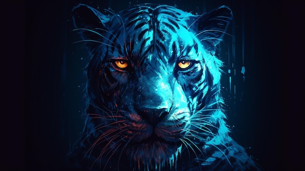 Cabeça de tigre com luz neon azul Abstrato backgroundgenerative ai