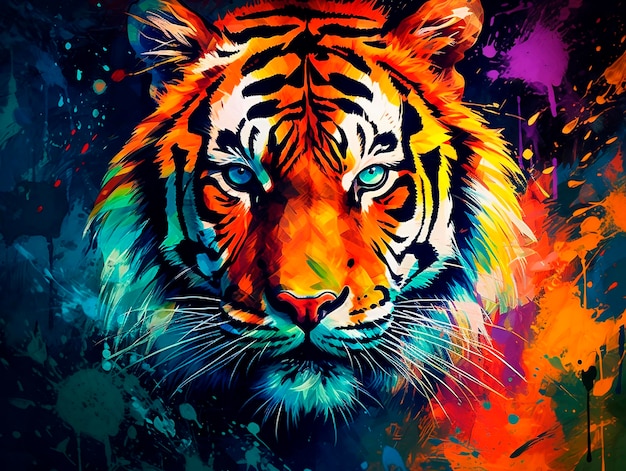 Cabeça de tigre com salpicos coloridos na ilustração vetorial de fundo grunge