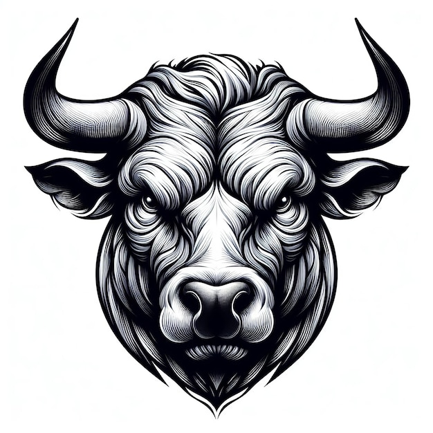 Foto cabeça de touro com ilustração vetorial de chifres grandes para tatuagem ou design de camiseta isolado em branco