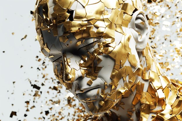 Cabeça de um homem feita de ouro partido e gesso branco Inteligência artificial Generative AI