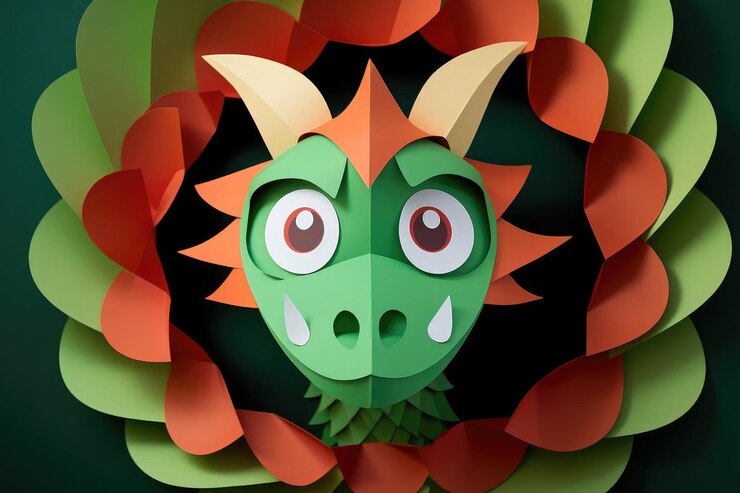 Foto cabeça de um pequeno dragão verde olhando através de um buraco vermelho rasgado no papel no fundo