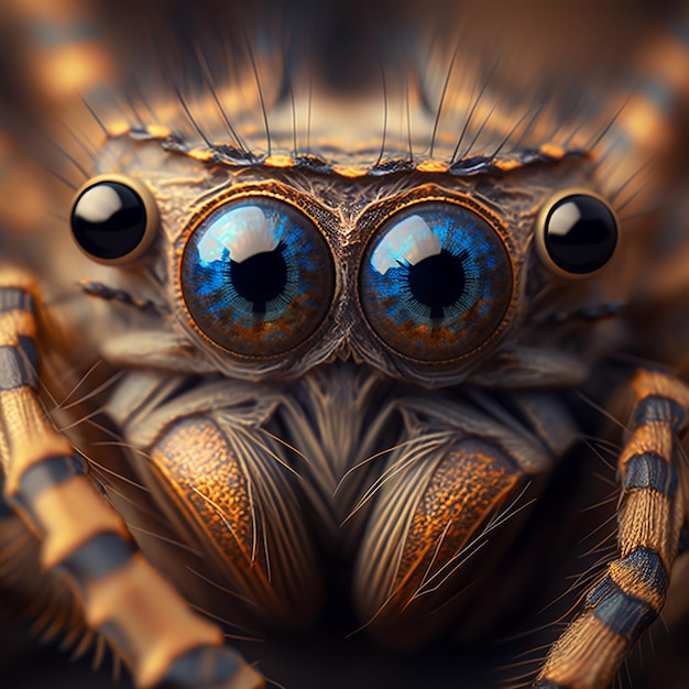 Cabeça de uma aranha com olhos macro olhos assustadores de uma aranha peluda