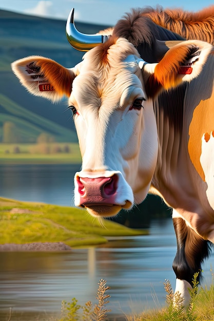 Cabeça de uma vaca de perto Uma vaca pastando perto do rio