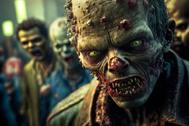 Cabeça de zumbi com cara assustadora no meio da multidão durante o  apocalipse zumbi tema de terror para halloween ou anúncio de festa de jogo  ia gerada