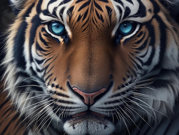 Foto cabeça do tigre sumatera closeup com parede azul escura gerada por ai