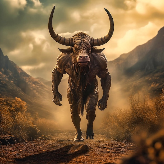Foto cabeça e cauda de minotauro de um touro e corpo humano, ia generativa