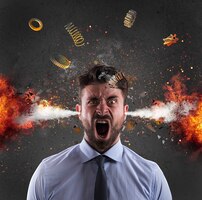 Cabeça explosão de um empresário. conceito de estresse devido ao excesso de trabalho