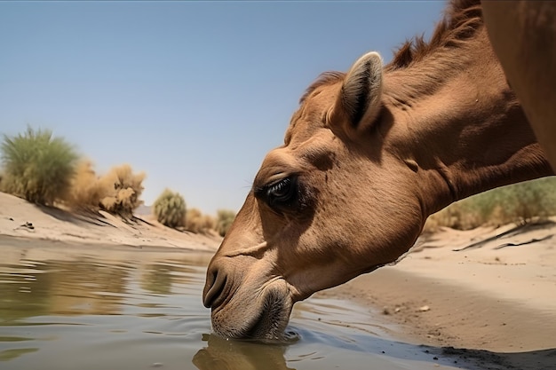 Cabeça fechada de camelo cansado que bebe água do rio Camel é um grande mamífero ungulado de pescoço comprido de um país árido