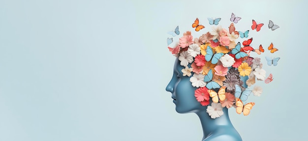 Cabeça feminina com flores e borboletas autocuidado e conceito de saúde mental fundo de pensamento positivo espaço de cópia gratuita em fundo azul claro gerado por IA