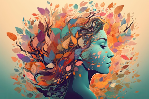 Cabeça feminina vibrante com árvore multicolorida deixa arte digital surreal imagens orgânicas animadas Generative AI